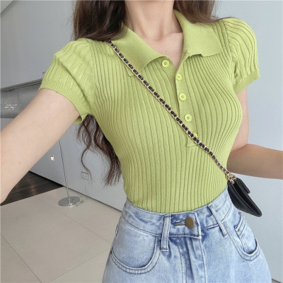 Summer net red slim short top Korean retro small Lapel short sleeve knitting girl