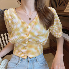 Real photo, real price, Korean version, small fresh plaid, mix and match, thin top, short style, dew, back strap, V-neck shirt, female