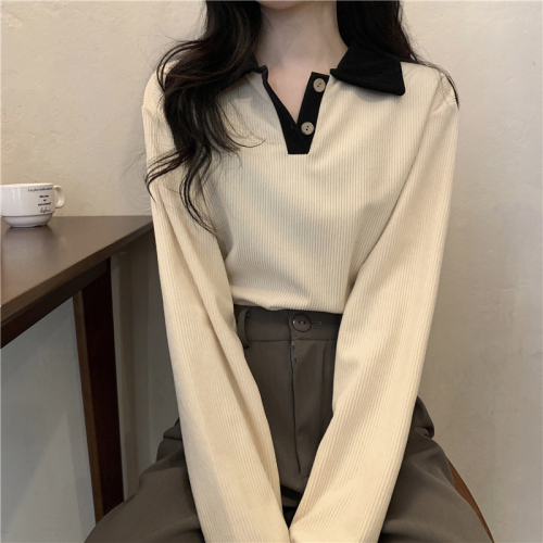 Autumn and winter French niche color-blocking POLO collar corduroy top