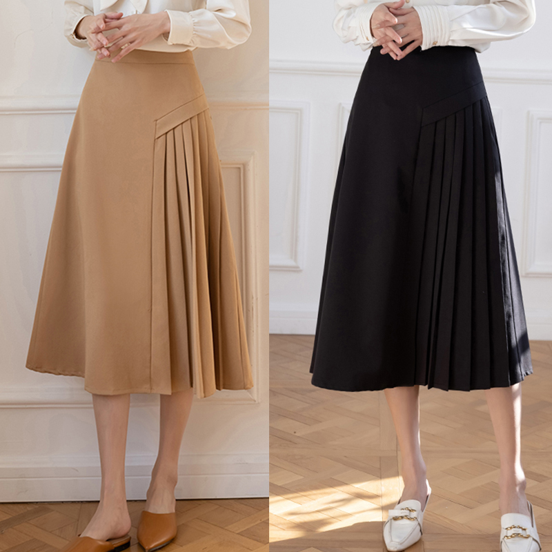 Brown irregular long skirt half skirt women's 2022 spring French high waist A-line pleated skirt medium length