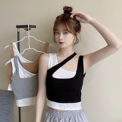 Spring and summer new fake two-piece top irregular slim with bottom vest and suspender for women