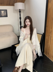 Real shot~ New Chinese style lace splicing pure desire slimming body-hugging strapless pleated skirt + shawl 