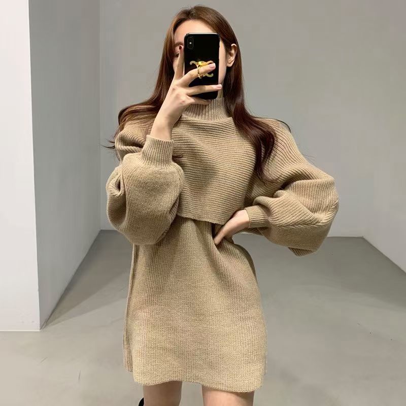 Winter new medium and long knit two-piece set high neck suit vest dress feminine Lantern Sleeve Sweater
