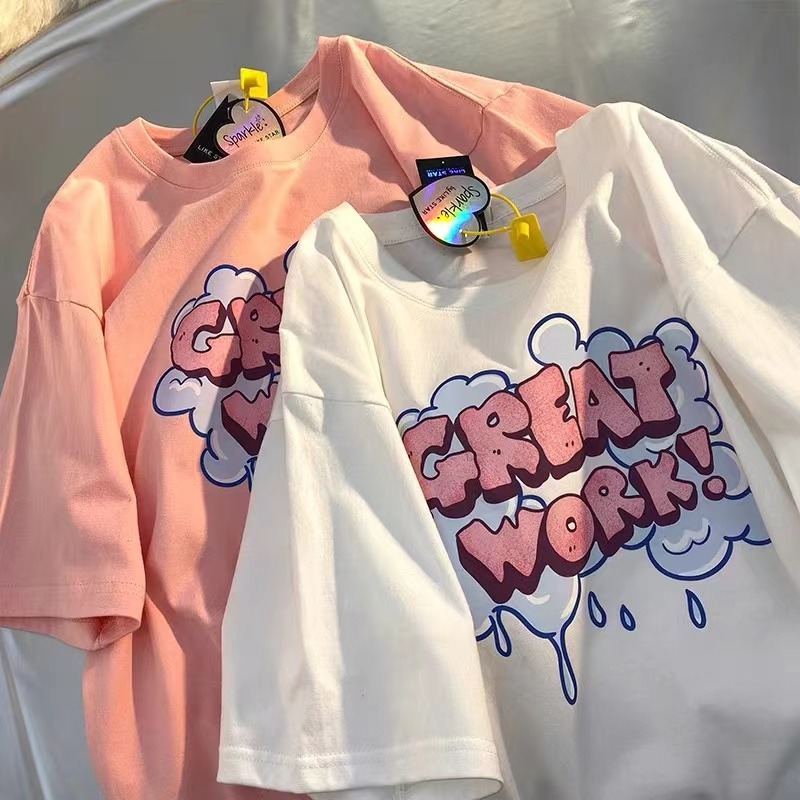 Official figure-summer Korean version of loose 200g cotton bag collar printed coat large size women's T-shirt women