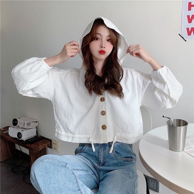 Real shot wash cotton 100 cotton French small coat short early autumn BF drawstring high waist top long sleeve