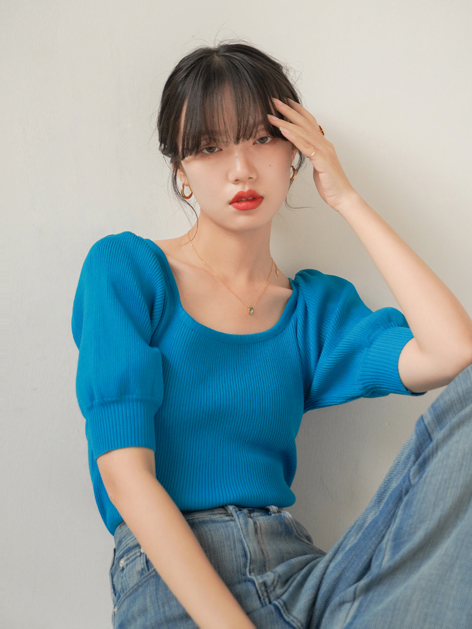 French square neck bubble sleeve Knitted Top Women's summer 2021 New Retro short blue short sleeve T-shirt