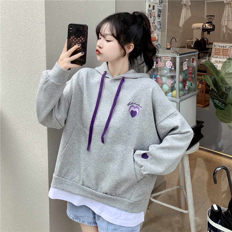 Cotton sweater 2022 new fake two-piece age-reducing all-match love embroidery loose plus velvet hooded sweater
