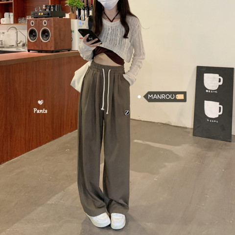 Drawstring sports pants women's high waist loose straight casual sweatpants lazy drape floor mopping wide leg pants trendy