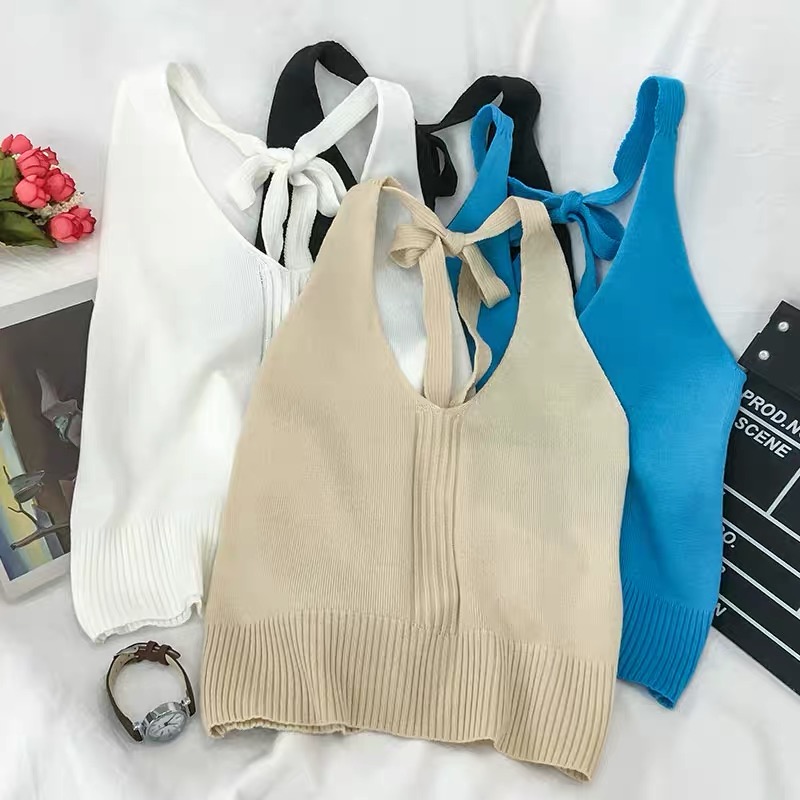 Korean version suspender vest short style with hanging neck and knitted sexy off shoulder and navel
