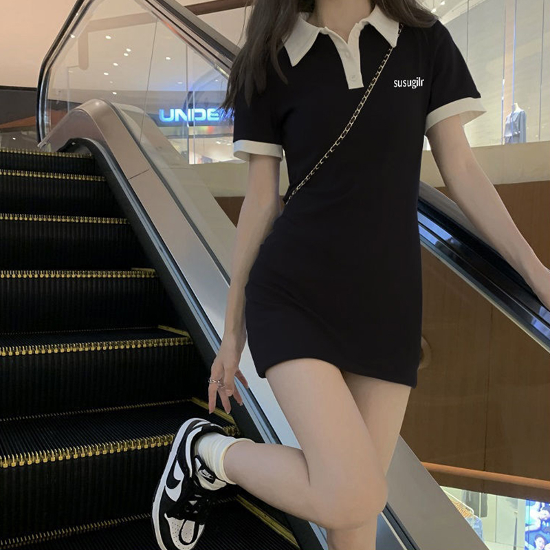 Polo collar dress women's summer small black skirt hot girl skirt small Hip Wrap Skirt