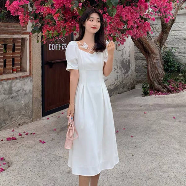 Gentle wind square neck cross butterfly white dress women's summer new style long skirt