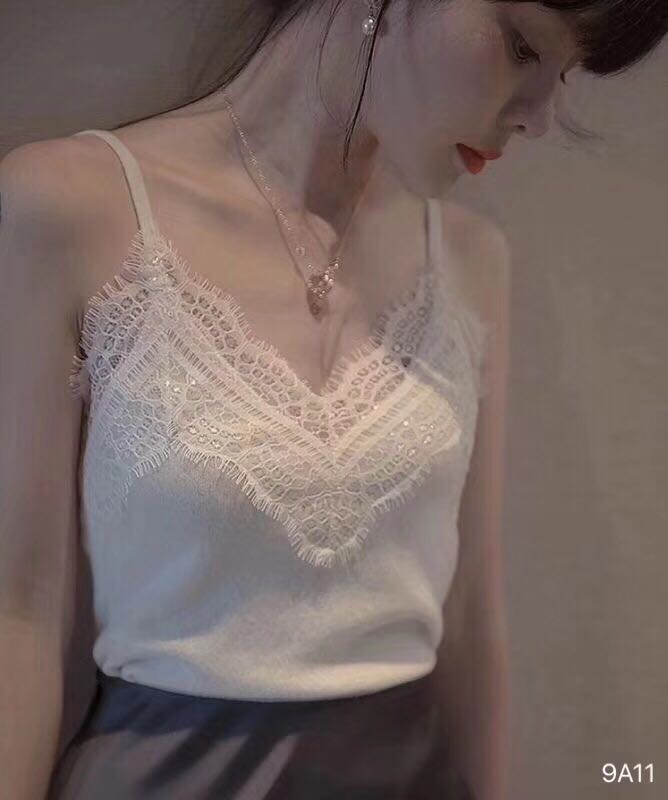 Lace lace suspender women sexy eyelashes open back flower vest bottoming sleeveless top elastic ice knitting