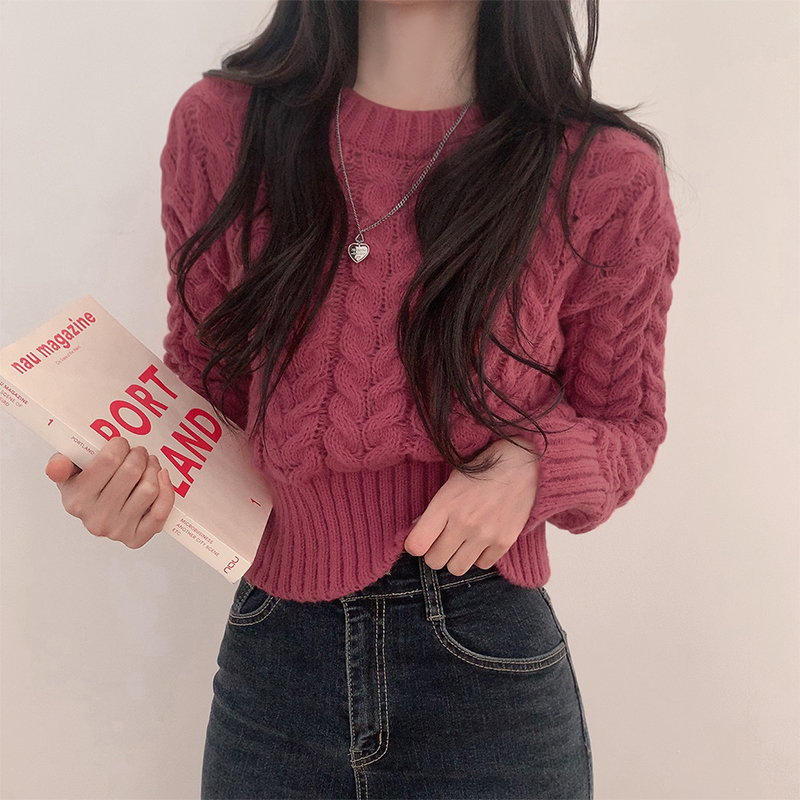 Real price new solid color pretzel thick needle round neck twist knitted sweater that looks cute
