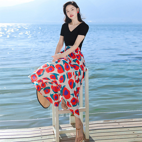 2022 summer dress super fairy high waist A-shaped skirt French style gas ice silk fake skirt seaside resort beach skirt female