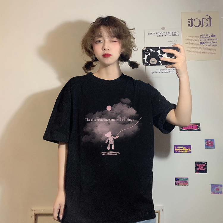 100% cotton official image spring Korean version of the printed short-sleeved T-shirt women's ins summer loose black top bottoming shirt