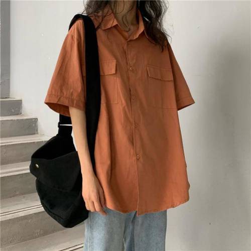Summer Korean loose and versatile student ins shirt female short sleeve design sense minority work shirt vintage top