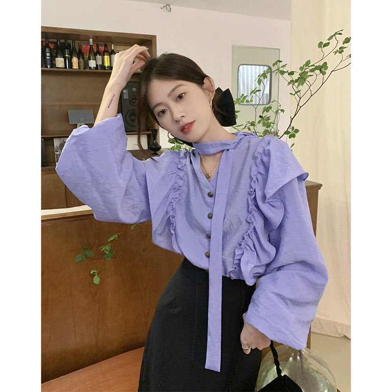 French niche lantern sleeve shirt women's autumn 2022 new design sense lace chic long-sleeved top