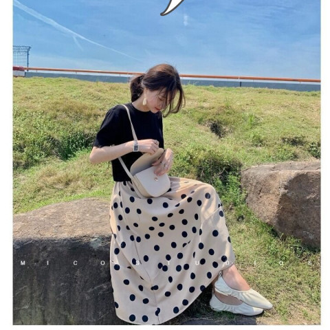 French minority knee length retro wave point long skirt two-piece suit chiffon dress women