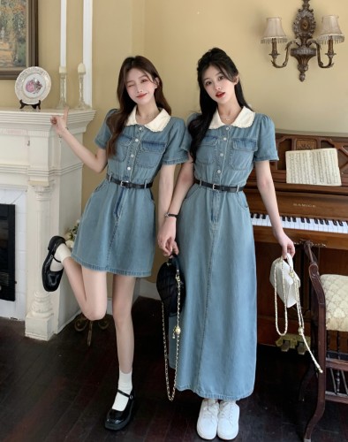 Actual shot and real price ~ Doll collar casual short-sleeved dress cowgirl waist slimming A-line long skirt