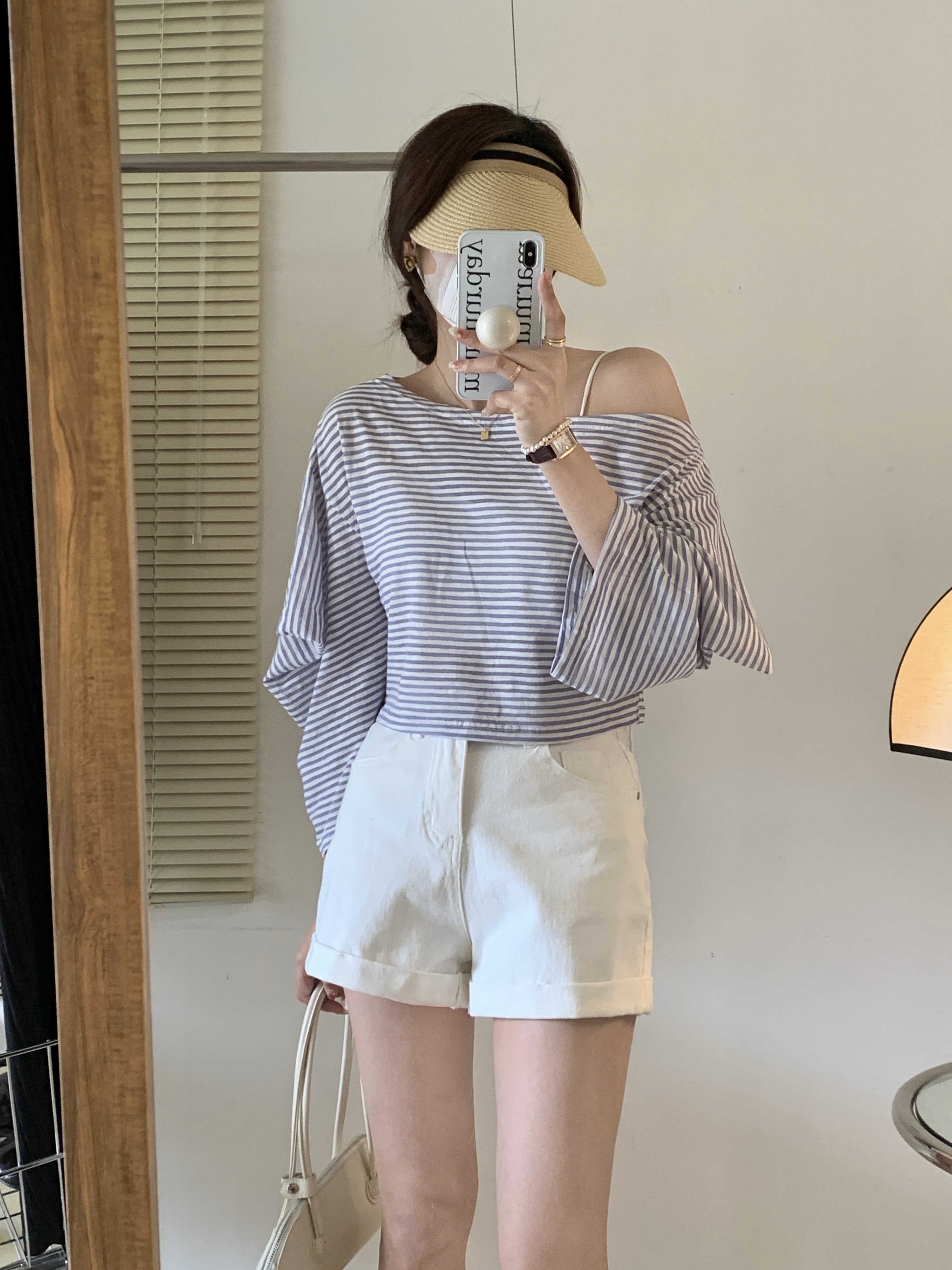 Real shooting summer design striped off shoulder long sleeve blouse short T-Shirt Top