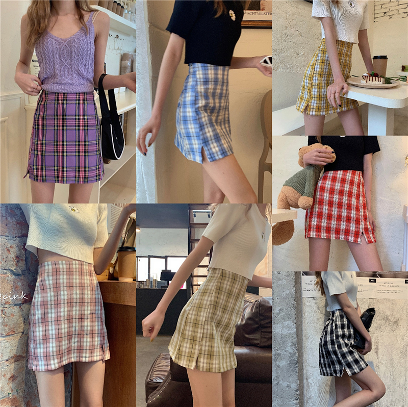 Real price Korean retro plaid skirt high waist Plaid side split skirt