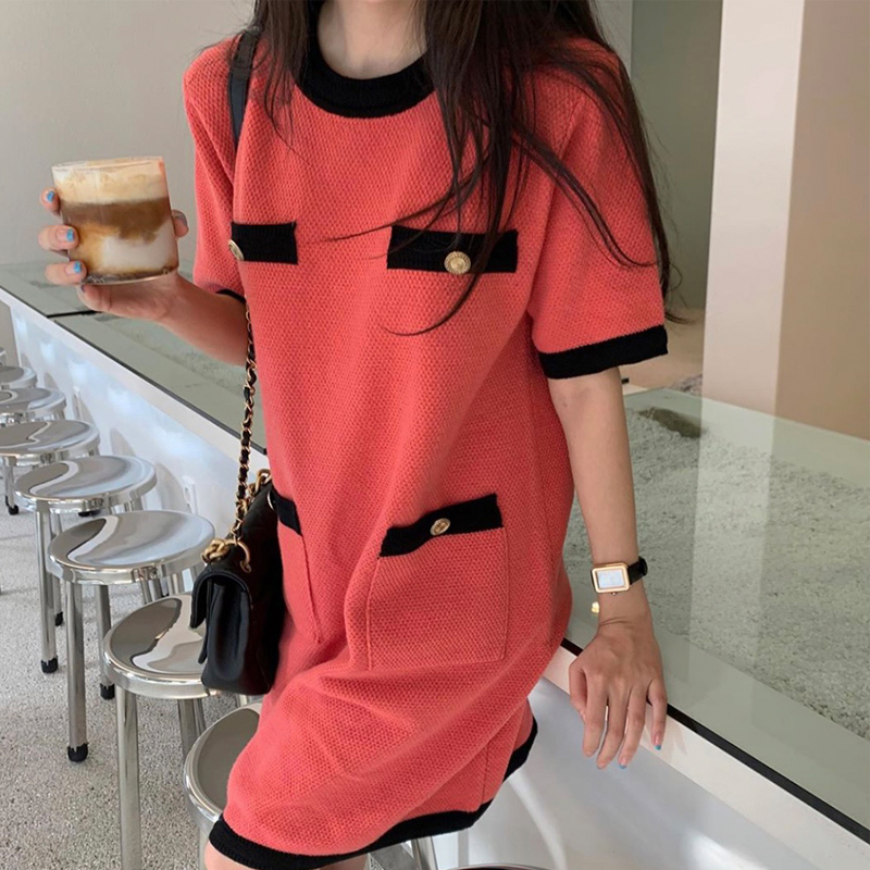 Leirago Korea dongdamen 2021 spring small fragrance style straight tube slim Short Sleeve Dress