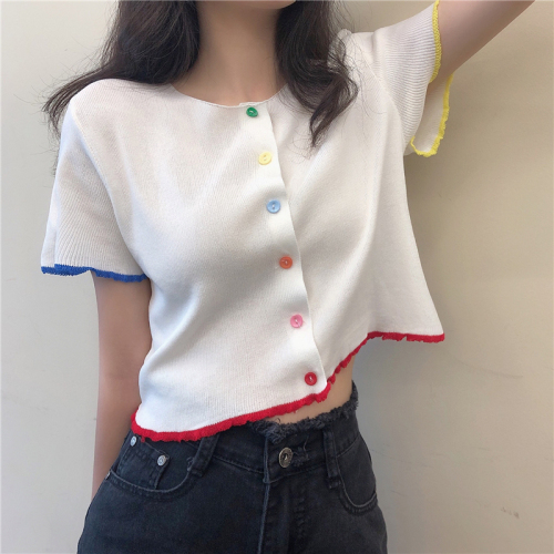 Real photo real price new Korean style elegant color button knitted cardigan short sleeve top for women in summer