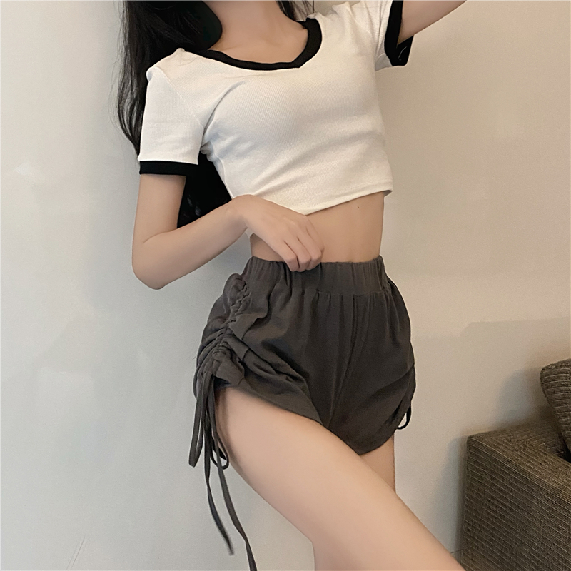 Design sense drawstring pleated sports wide-leg shorts spring and summer thin section slim high waist sweet and spicy casual hot pants women's tide