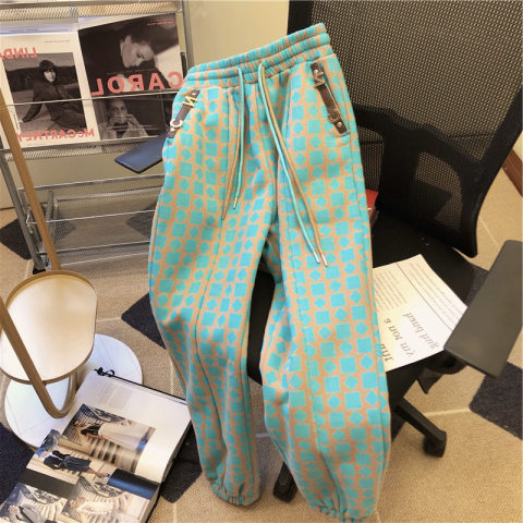 250g imitation Cotton Retro high-grade sense contrast checked Leggings women's high street sweatpants fashion