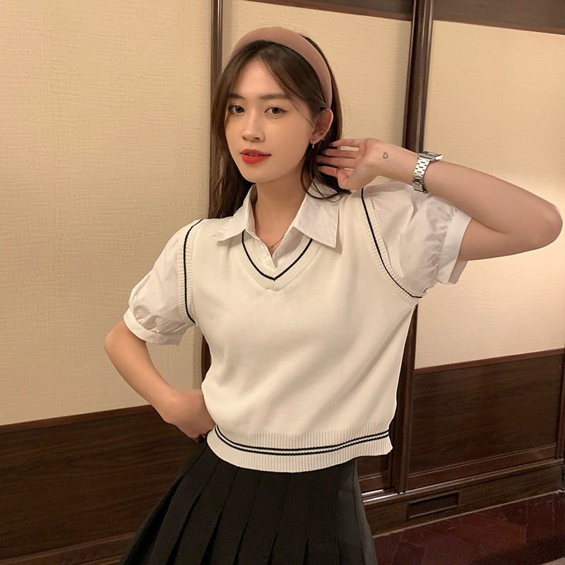 College style summer new short design sense ins top shirt fake two pieces polo collar sweater women