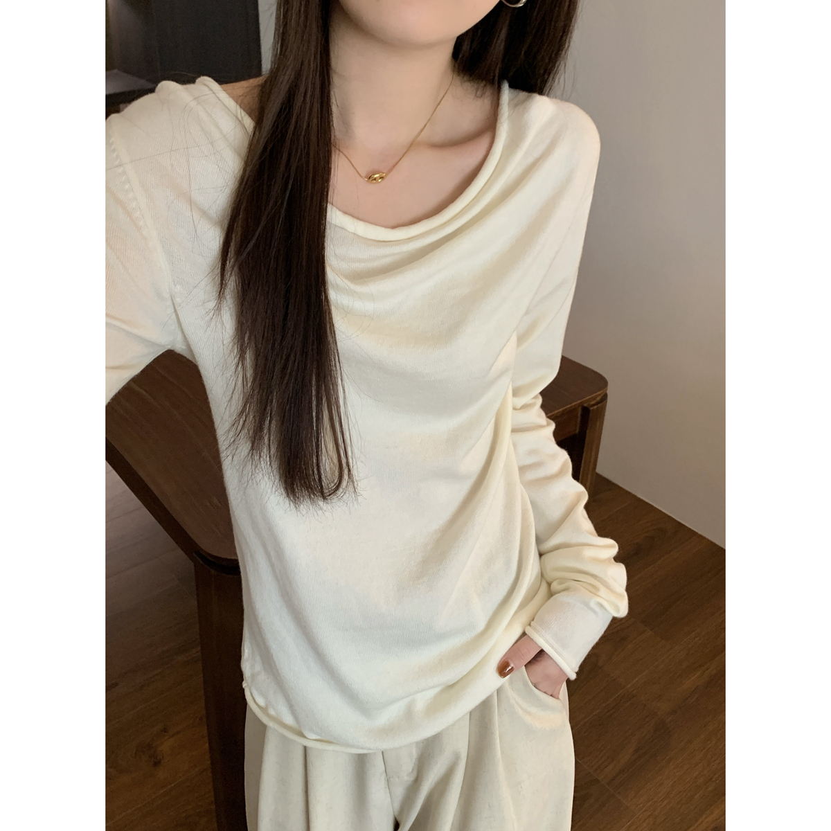 Actual shot of autumn and winter Korean style temperament curled swung collar Pure Desire 6 wool lazy sweater long-sleeved bottoming top