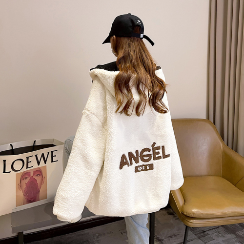 Real shooting hooded lamb wool sweater women's loose autumn and winter new cardigan with plush thickened warm coat