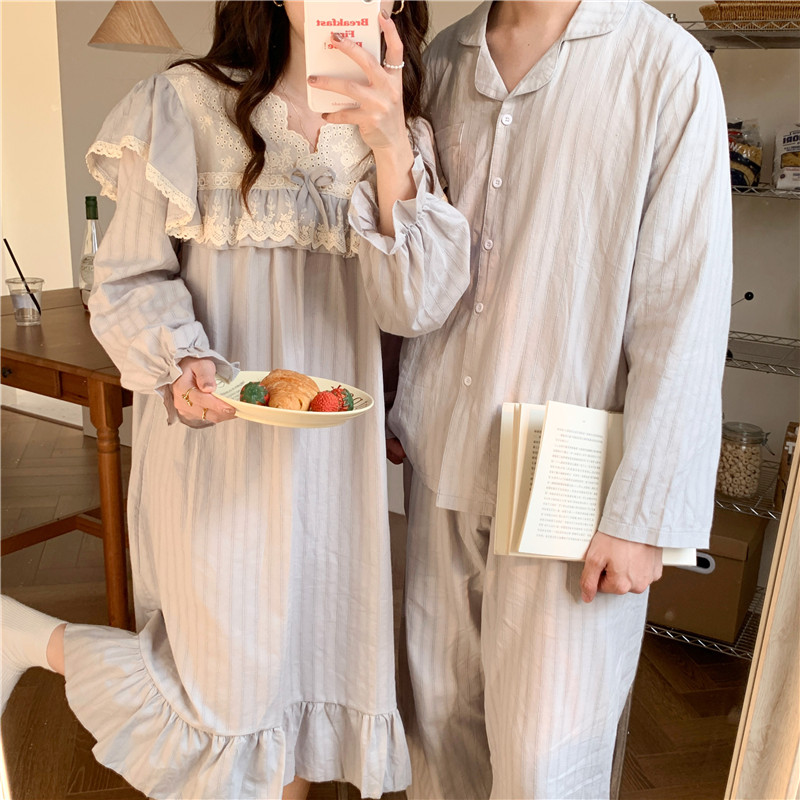 Real shooting real price Korean version cotton jacquard cotton linen loose sweet embroidery lace dress wear couples home clothes