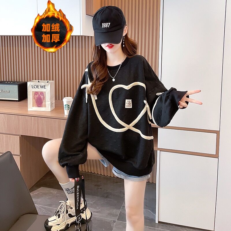 Real shot-winter dress Korean version loose bag collar love jacquard compound plus velvet plus size women's hoodie female