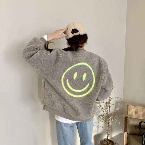 2022 winter new American imitation lamb plush smiley embroidered baseball uniform jacket jacket female ins tide
