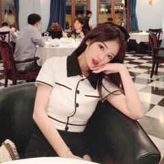 Design sense short open navel top women's summer wear new black and white color matching single breasted short sleeve shirt with lapel