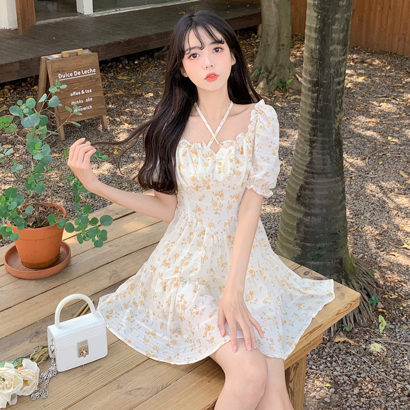 Real shot ~ large women's wear neck hanging floral dress new summer high waist short skirt covering the belly and showing thin skirt