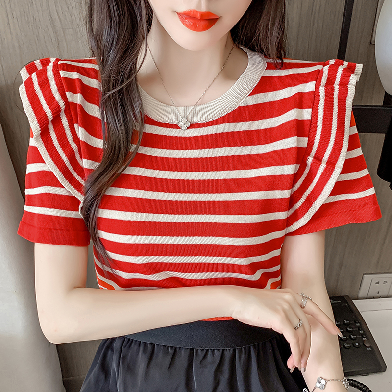 Striped T-shirt women's short sleeve 2022 new summer fashion foreign style fashionable flounces design feeling niche jacket