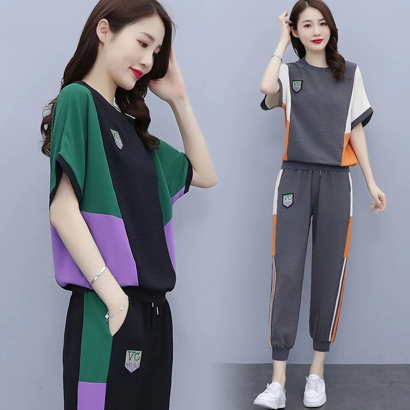 Sportswear women's summer 2021 new large women's wear fat sister mm THIN contrast color splicing two-piece set
