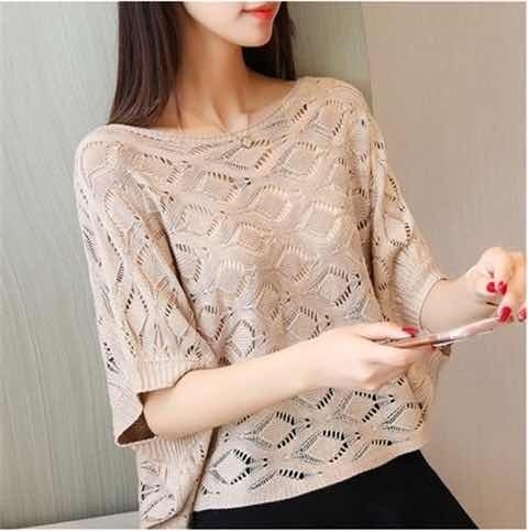 Spring / summer 2020 new Pullover T-shirt women's loose hollow Knitted Top short sleeve thin blouse
