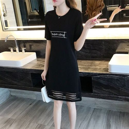 Summer letter printing loose and thin dress women's short sleeve splicing mesh medium length bottoming skirt trend