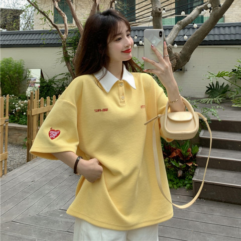 Net red polo collar short sleeve contrast T-shirt women's loose college style Korean couple half sleeve top fashion