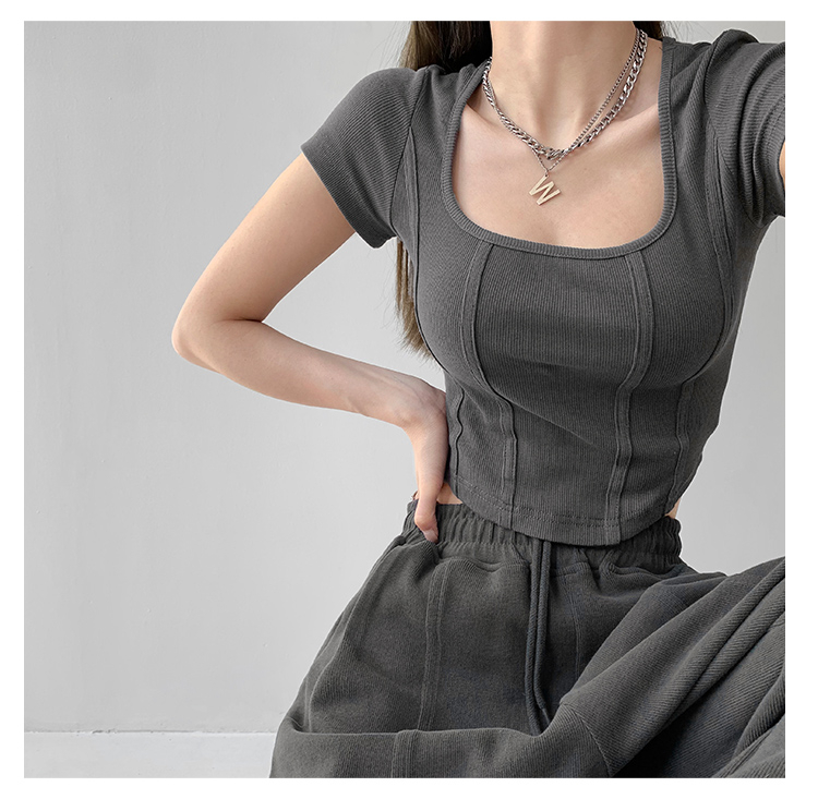 2023 summer ribbed retro three-dimensional fishbone line bottoming shirt square collar T-shirt navel short top