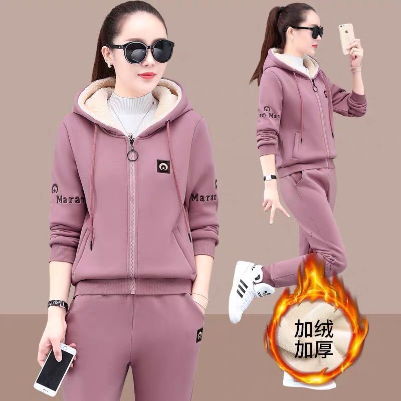Plush sweater set women's autumn and winter Plush thickened warm fashion large leisure sports two-piece set