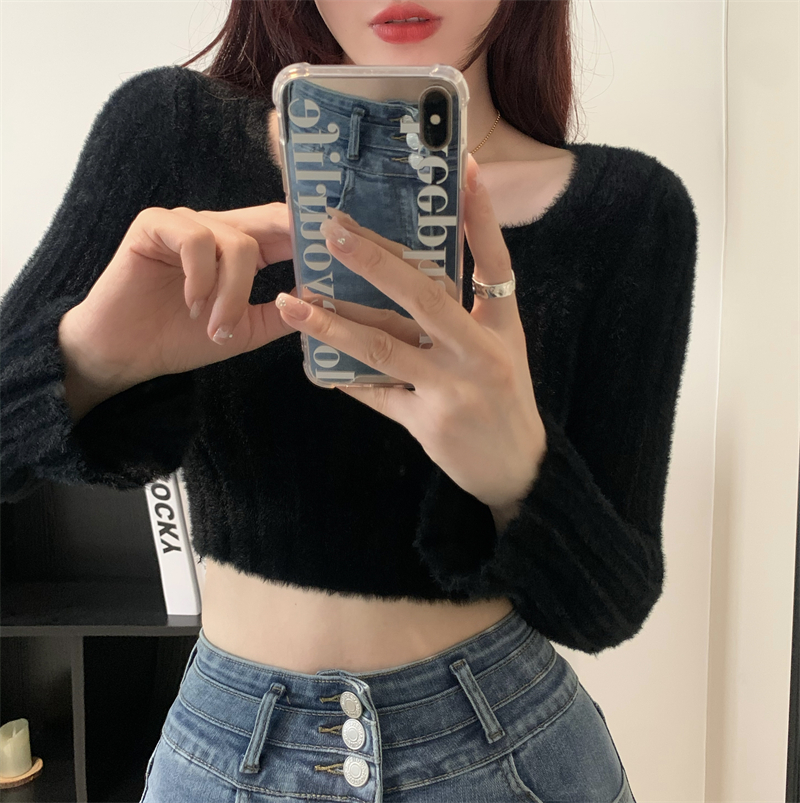 Real shot real price soft waxy square neck short sweater women's plush long sleeve knitted sweater top