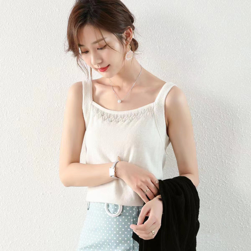 French simple square neck hollowed out inside and outside design feeling solid color ice silk knitted vest