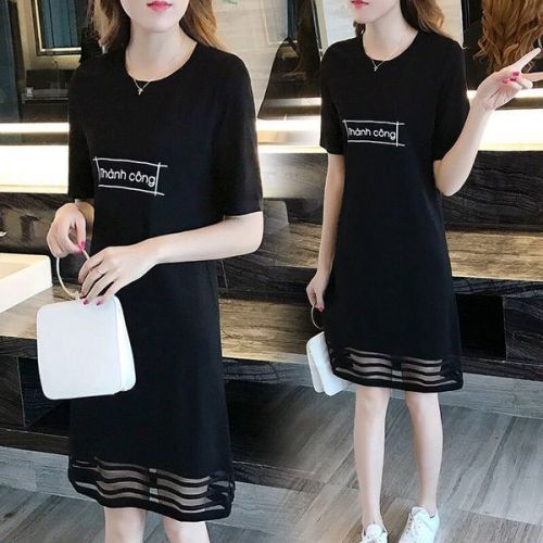 Summer letter printing loose and thin dress women's short sleeve splicing mesh medium length bottoming skirt trend