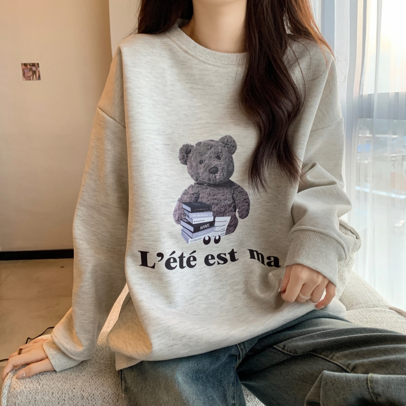Real shot large size plus velvet thickening 400g composite silver fox velvet printing sweater women's autumn and winter round neck