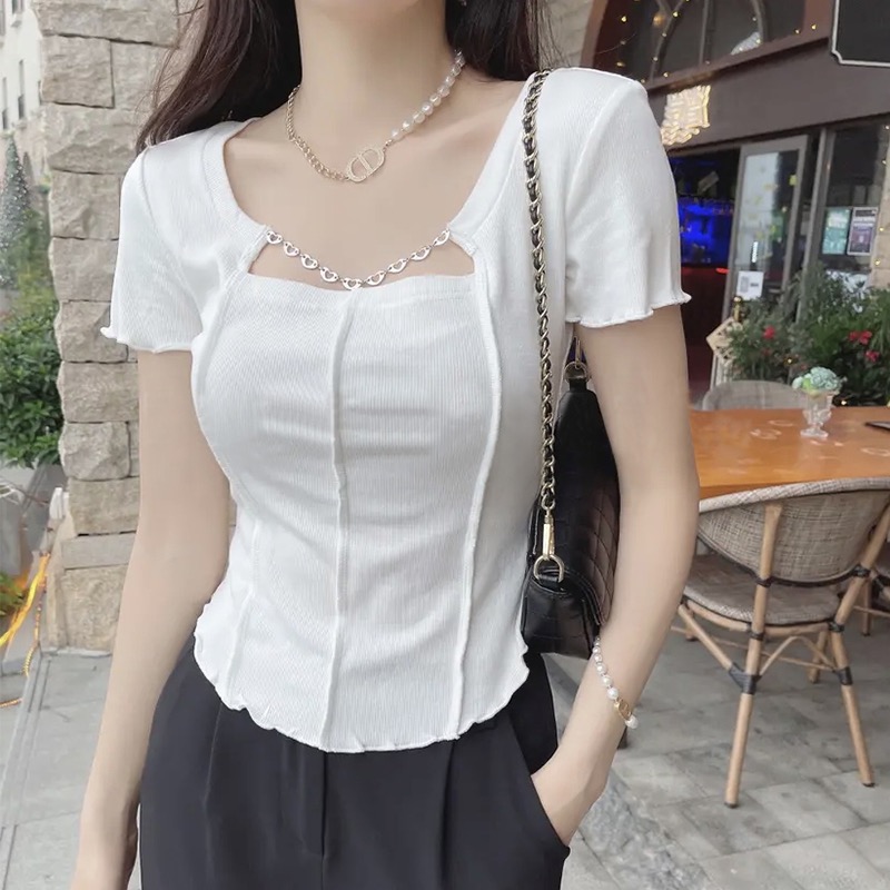 Rib square neck short bottomed shirt women's summer new slim fit short sleeve chain design top