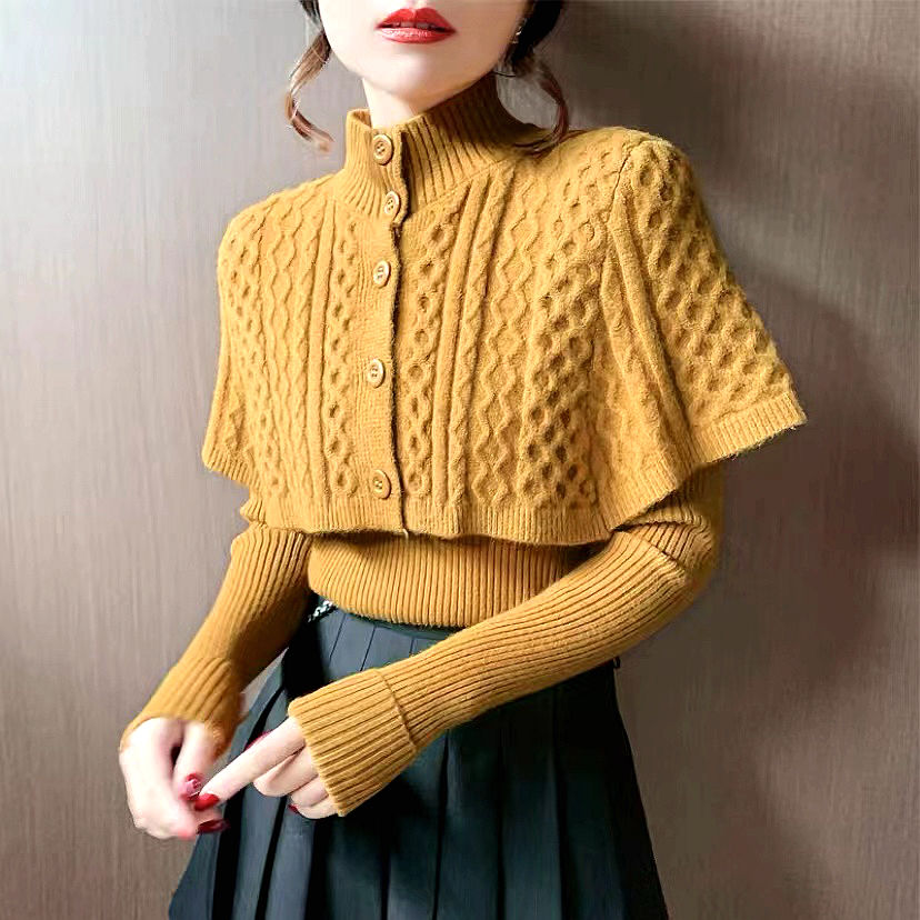 Half-high collar knitted sweater top women's long-sleeved shawl two-piece set 2022 autumn and winter new foreign style twist bottoming sweater
